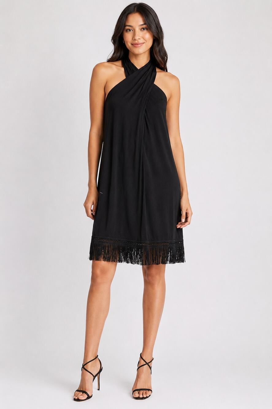 Trina Turk Sumatra Fringe Trim Halter Mini Cocktail Dress Black Womens Small